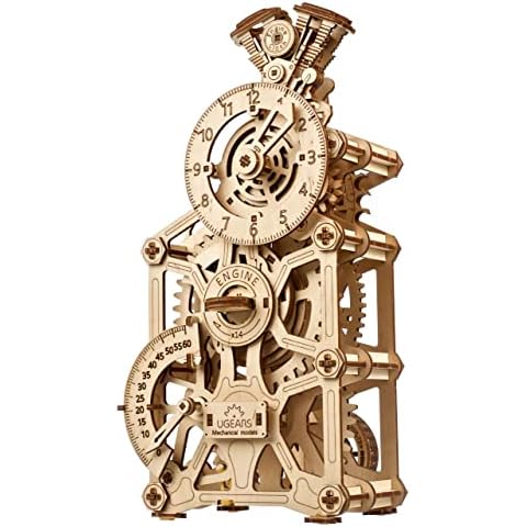 UGEARS Engine Clock 3D Wooden Puzzles for Adults - Mechanical 3D Puzzle Clock Kits for Do It Yourself, Functional Table Clock with Moving Pistons - Miniature Kit Models for Adults to Build - 265 Pcs Cover