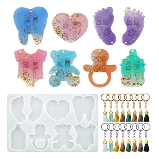 Resin Molds Silicone Kit, 8 Cavities Pendants Silicone Molds for Epoxy Resin, Foot-Shape Heart-Shape Bottle-Shape Tooth-Shape T-Shirt Shape Silicone Mold for Keychain Making Set, Jewelry, Ornaments
