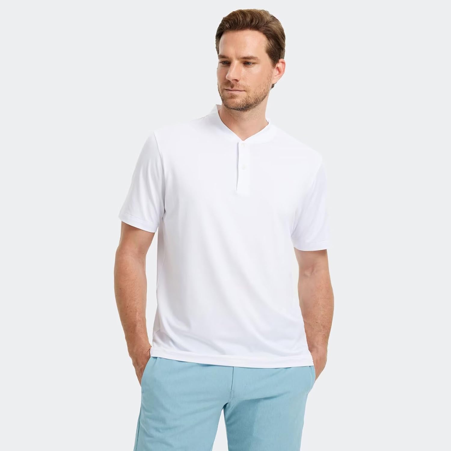 M MAELREG Collarless Golf Shirts for Men Dry Fit Moisture Wicking Performance Solid Casual Mens Henley Shirts Short Sleeve - Image 2