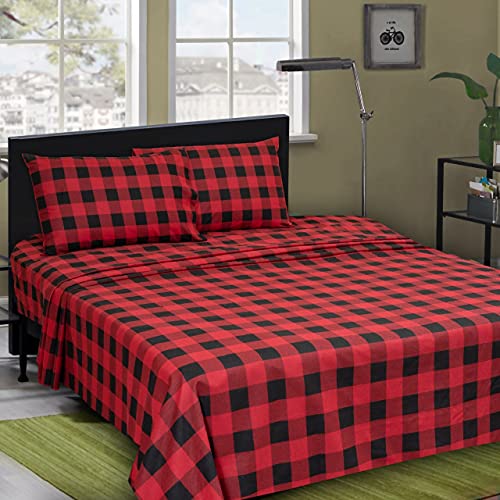Bliss Casa 4 Piece 100% Cotton Flannel Sheet Set Queen - High Gsm Deep Pockets, Warm Breathable Flannel Sheet Set. Flannel Bed Set Include Flat Sheet, Fitted Sheet & Pillowcases (Buffalo Check) #TOP5