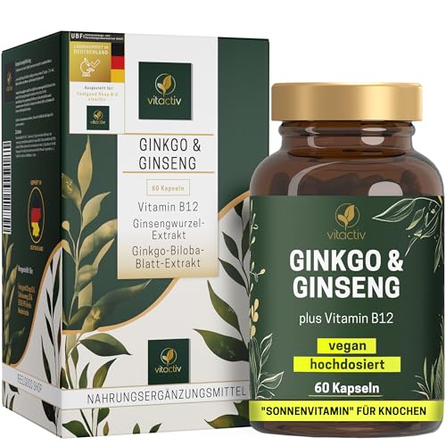 VITACTIV Ginkgo & Ginseng Kapseln - 60 Stk. - Hochdosiert, 5000mg Ginkgo und 1000mg Ginsengwurzel - Plus Vitamin B12 - Alternative zu Brain Booster & Gedächtnis Kapseln - Vegan, Laborgeprüft VITACTIV Ginkgo & Ginseng Kapseln - 60 Stk. - Hochdosiert, 5000mg Ginkgo und 1000mg Ginsengwurzel - Plus Vitamin B12 - Alternative zu Brain Booster & Gedächtnis Kapseln - Vegan, Laborgeprüft