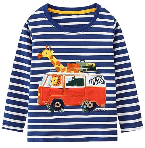 Toddler Baby Boy Embroidered Graphic Long Sleeve T-Shirt Excavator Tops Kids Striped Tees for 2-7T