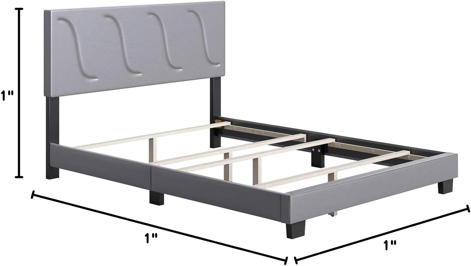 Boyd Sleep VMI0404GYEK Brussels Faux Leather Upholstered King Size Platform Bed Frame with Decorative Headboard and Wood Slat Supports, Grey