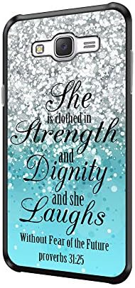 Galaxy J7(2016) Christian Quotes Case Blue Sparkling Bible Verse Proverbs 31:25 She is Clothed with Strength and Dignity and Laughs Without Fear of The Future for Samsung Galaxy J7(2016) Case