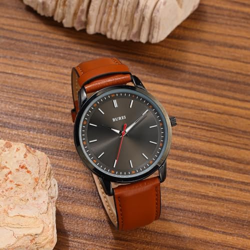 Image of BUREI Men's Fashion Minimalist Wrist Watch Analog Date with Leather Strap