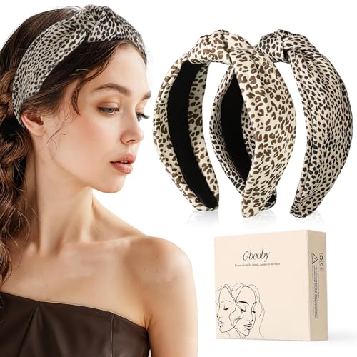 obeoby Leopard Print Knotted Headband for All Hair Types, 2Pack Wide Headbands Non Slip Hair Band for Women Girls