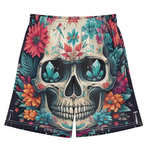 Skull Flowers Youth Boys Outdoor Shorts Elastic Waist Classic Knee-Length Boys Lounge Shorts XS