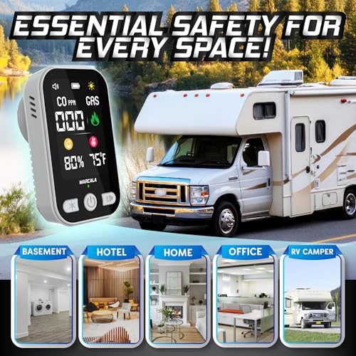 Image of Marcala Carbon Monoxide Detector | 2026 V2.0 4-in-1 Natural Gas & Carbon Monoxide Detectors Portable | Wall Plug-in with Backup Battery for Power Outages | Temp, Humidity, Gas & CO Alarm