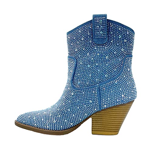 Image of ABSOLEX Women Western Cowgirl Cowboy Pointed Toe Rhinestone Ankle Booties
