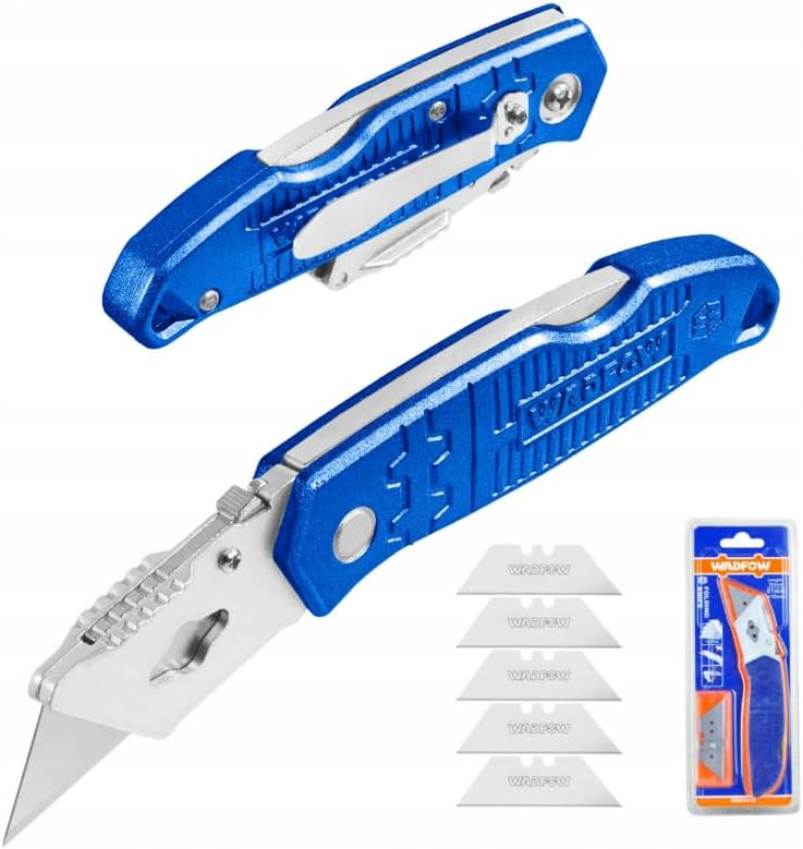 Professional Folding Cutter for Carton and Packaging, Blue, 19 mm, with 5 Extra Blades, 163 mm