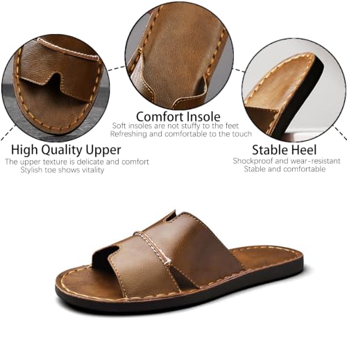 Image of Men's Leather Cutout Slides Sandals Comfortable Lightweight Open Toe Anti-Slip Soft Bottom Slip On Slippers Summer Outdoor Casual Beach Sandals