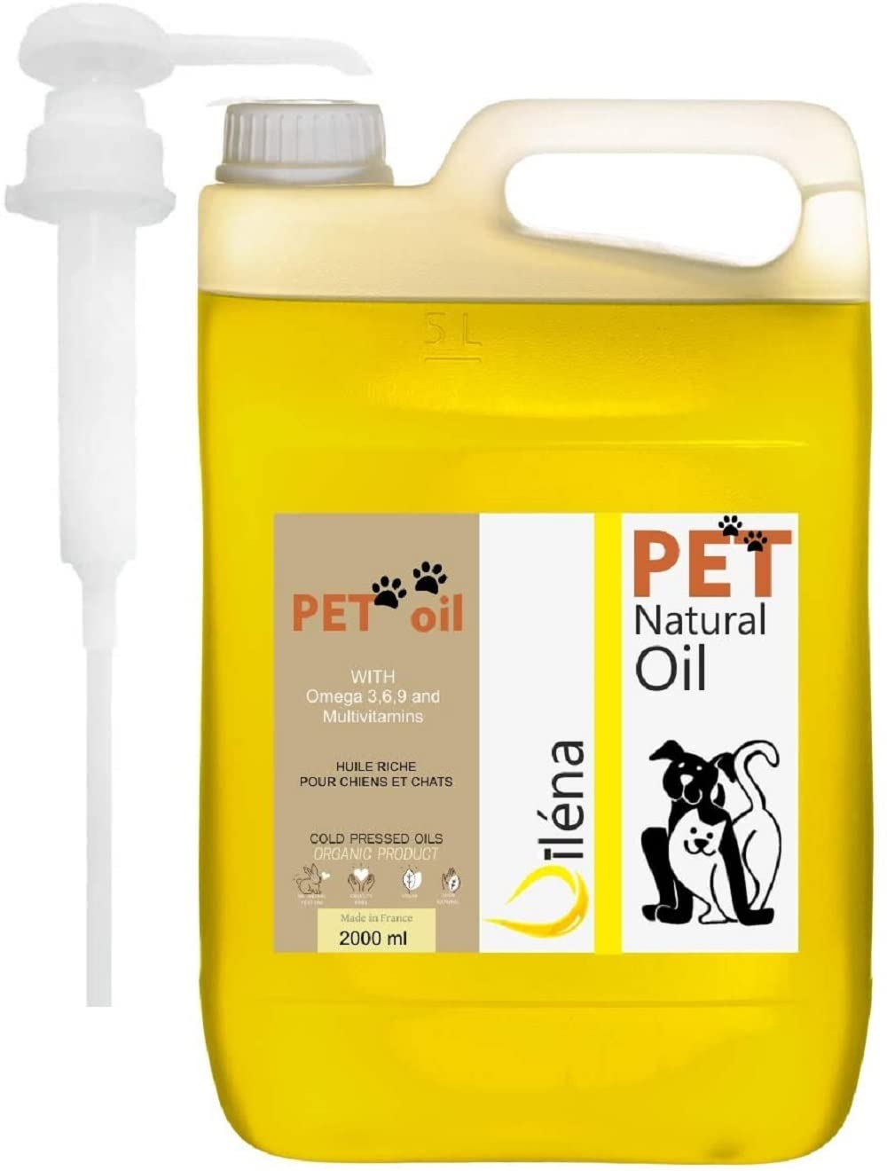 Aceite para Mascotas. Suplemento Natural para Perros y Gatos. Uso Diario. Combinado de 6 Aceites Ricos en Vitamina E y Omega 3, 6 y 9. Prensado en Frío (2000 ml)