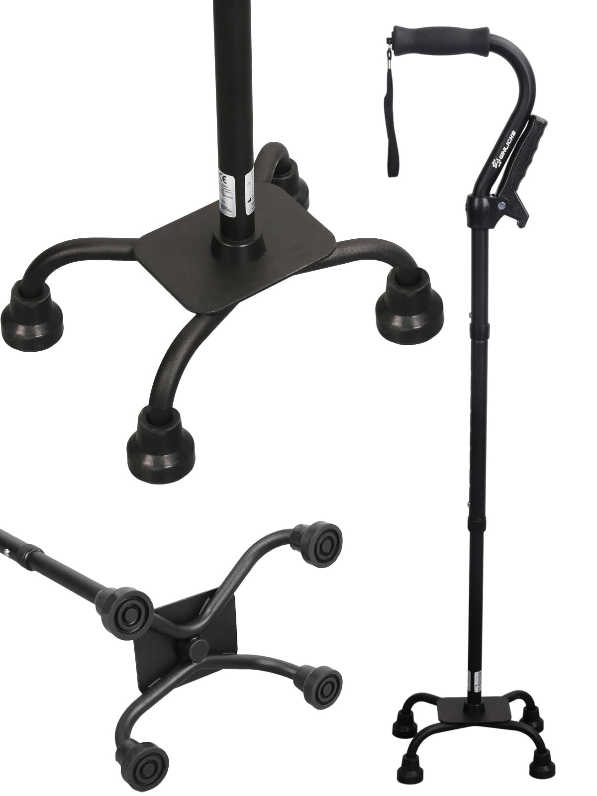 WHLICKS Quad Cane for Stability, Adjustable Walking Cane for Women &amp; Men with A Large 4 Pronged Base for Balance, 350lbs Heavy Duty Cane with 4 Legs &amp; Second Handle, Walking Sticks for Seniors