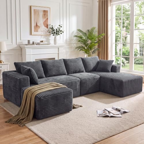 Tekirose 118" U Shaped Boneless Couches for Living Room, Modular Sectional Sofa with Chaise Ottoman, 4 Seater Corduroy Cloud Couch with Deep Seat, No Assembly Required, Gray, Right Facing Chaise