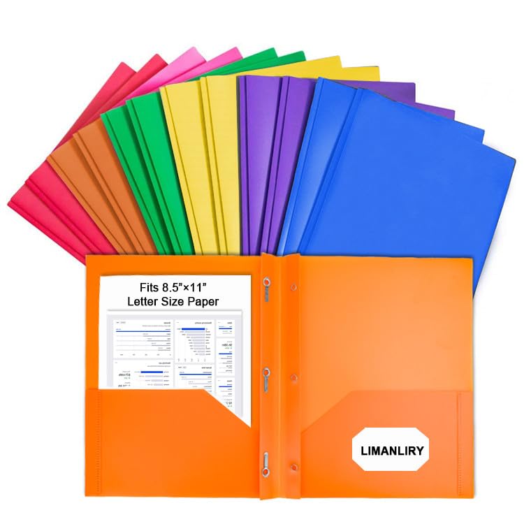 12 Pack Plastic Folders with Pockets and 3 Prongs,Colored Two Pockets folders for Docments,Assort Colors