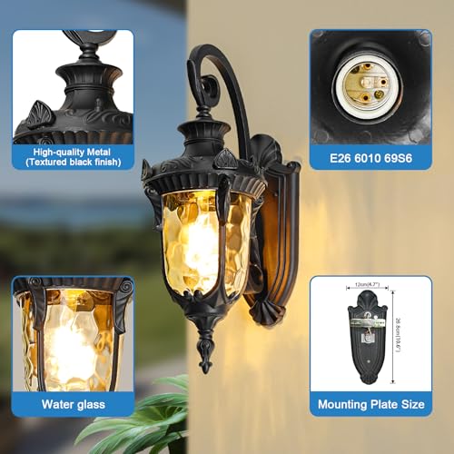 Outdoor Wall Lights, Waterproof Aluminum Porch Wall Light for Outside House, Patio, Yard, Garden, Black Gooseneck Exterior Wall Sconce, Hardwired Outdoor Acorn Shape Lantern Lamp, Water Ripple Glass