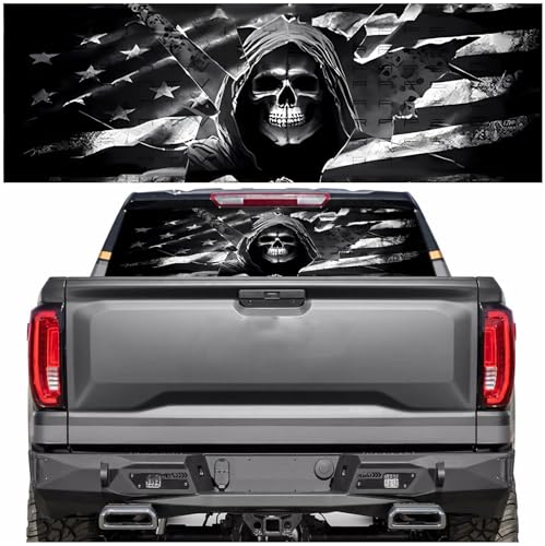 Image of Rear Window Decals for Trucks - 65x22 in Back Window Decals Fit Most Pickup Trucks SUV, Vinyl American Skull Flag Back Window Decal for Car Personalized Decoration - Skull Decal-1