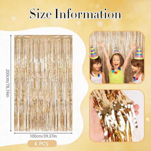 4 Stück Lametta Vorhang Champagnerfarbene, 1mx2m Glitzer Lamettavorhängen Champagner Gold, Glitzer Party Vorhang, Glitzervorhang Lamett, Metallische Glitzervorhang Fringe für Geburtstage Hochzeit Deko
