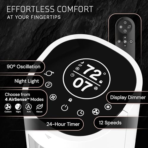 Image of Lasko Pinnacle 40 inch DC Tower Fan for Bedroom, Living Room, Home Office - 32 ft /s Airflow, 50 ft Distance, 90 Oscillation - AirSense, 12 Speeds, Night Light - Quiet 24 dBA - Remote, White