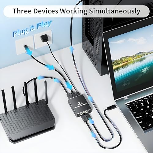 Image of Ethernet Splitter 1 to 3 - 1000Mbps RJ45 Port Multiplier with USB-C Power, Plug & Play Network Switch for Cat5 /5e /6 /7 /8 Cables, High Speed LAN Switch 1 in 3 Out for PC Laptop AP