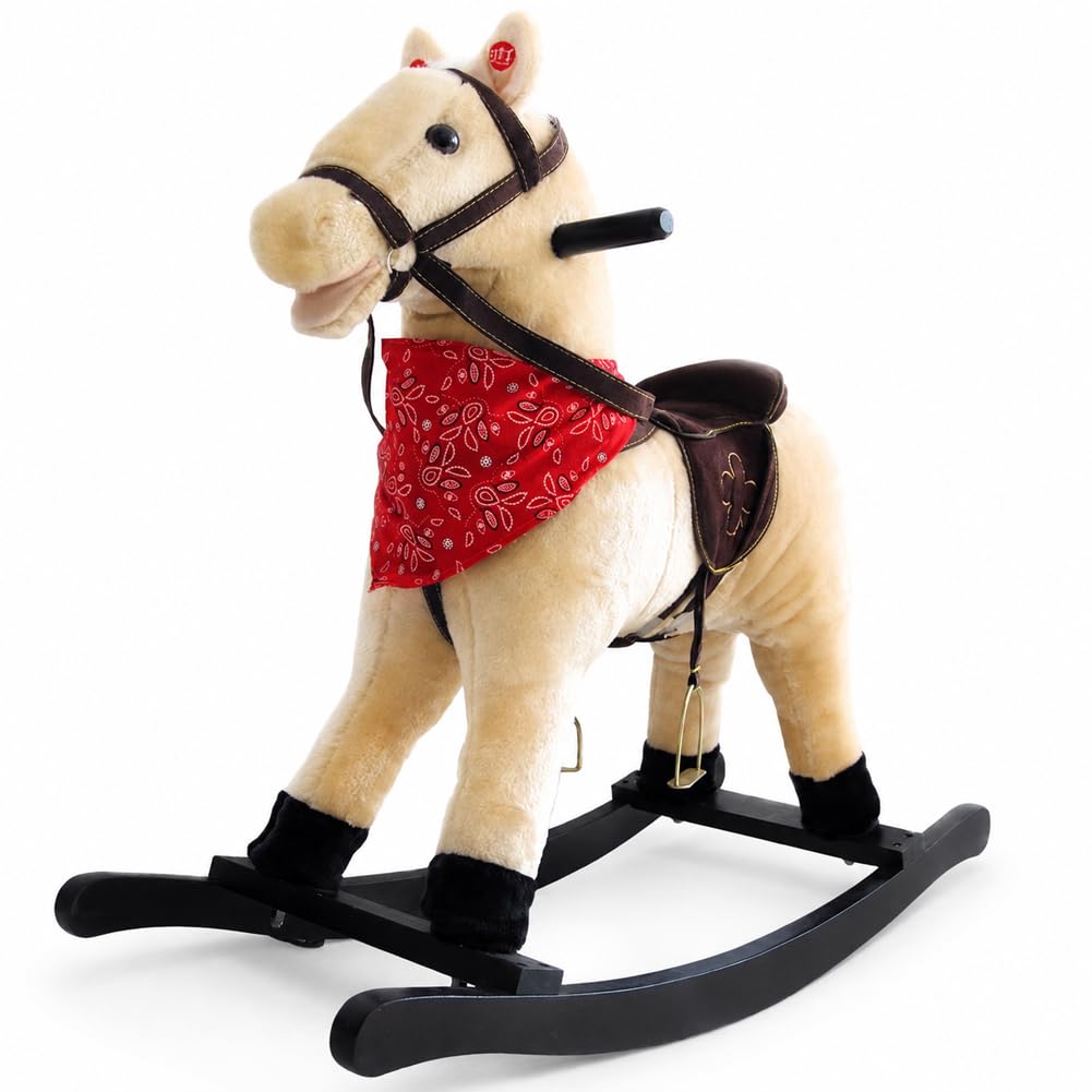 BAKAJI Cavallo a Dondolo per Bambini con Suoni Realistici, Animale che Nitrisce e Muover la Bocca, Pony Beige con Struttura in Legno e Rivestimento in Morbido Tessuto, Gioco Idea Regalo