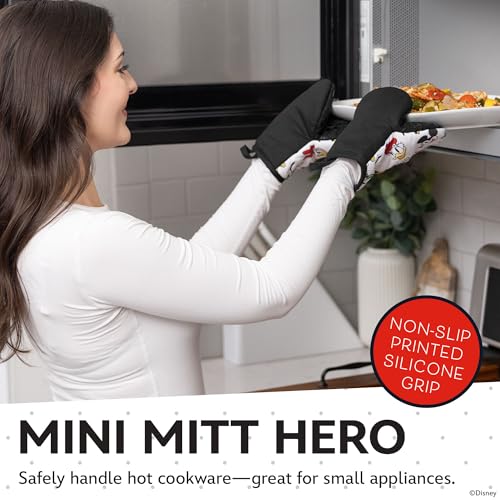 Image of Disney Mickey & Friends Mini Oven Mitts, 2-Pack, Heat Resistant 450F | Compact 5.5 inchx7.5 inch pot holders for kitchen, printed silicone offers non-slip grip, ambidextrous, hand wash or spot clean
