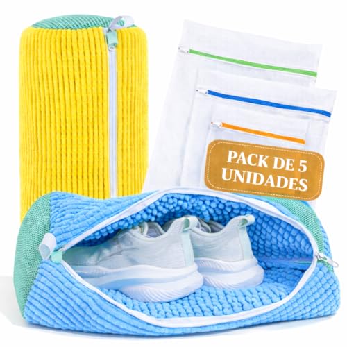 Bolsa para Lavar Zapatillas en Lavadora – Pack 5 Bolsas (2 para Zapatillas 360° Antideformación y 3 para Ropa Delicada), Malla Reforzada, Cremallera Oculta, Apta para Lavadora y Secadora