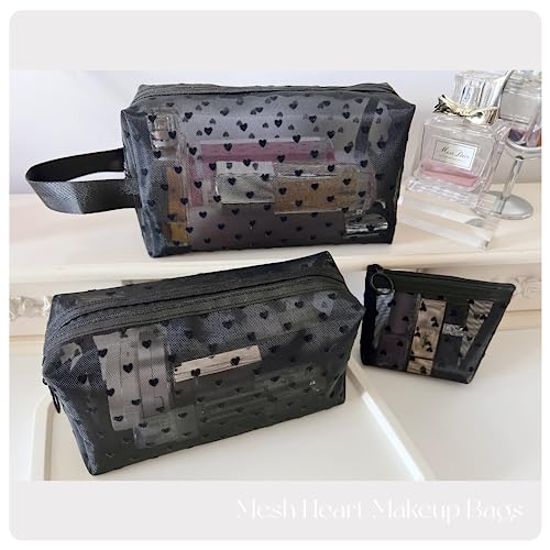 5 Pieces Zipper Mesh Cosmetic Bags Set, Mesh Heart Makeup Bags Toiletry Bags, Portable Travel Makeup Bags for Women, Small Items Storage Organizer Bags for Travelling (Black)4