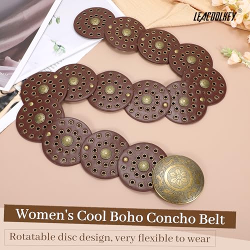 Image of LEACOOLKEY Women's Boho Disc Belt Wide Western Leather Belt Vintage Concho Waist Belts for Dress Jeans