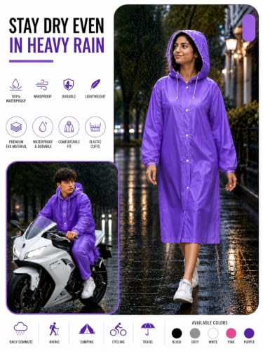 Image of Hooded Waterproof Men's & Women's Raincoat, Lightweight Long Rain Jacket, Button Front, Windproof Outdoor Rainwear | Free Size |