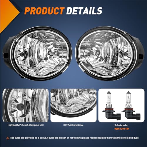Image of Nilight Fog Lights Assembly Compatible with 2001 2002 2003 2004 2005 2006 2007 Toyota Sequoia 2000-2006 Tundra(NOT fit steel front bumper models) w /9006 12V 51W Bulbs Clear Lens