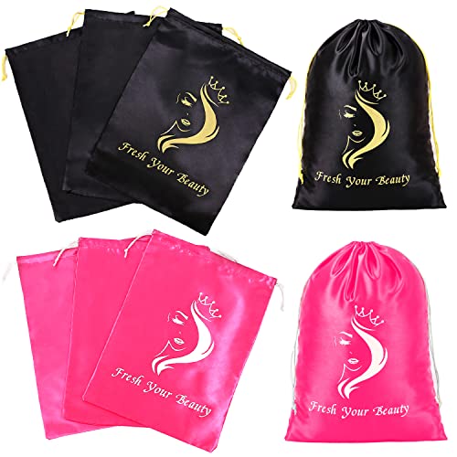 AliLeader 6 Pcs Wig Storage Bags with Drawstring - Travel Bag & Large Storage for Bundles, Wigs, Extensions & Tools - Mix Black and Pink