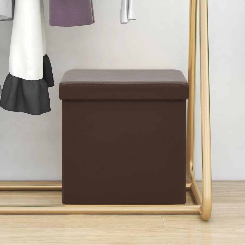 Taburete plegable con espacio de almacenamiento, 38 x 38 x 38 cm, taburete de PVC y MDF, banco acolchado para salón, caja de almacenamiento plegable, color marrón