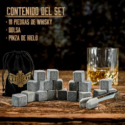 WHISISKEY Set de Piedras de Whisky - 18 Cubitos de Hielo Reutilizables - Caja de Regalo - Piedras de Whisky - Set de Regalo de Whisky - Regalos Originales para Hombre - Accesorios de Whiskey - imagen 2