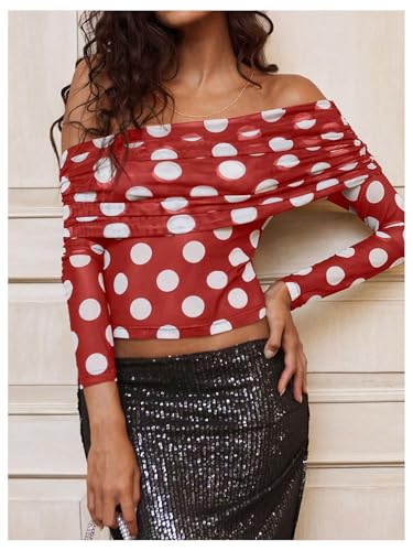 WDIRARA Women's Mesh Polka Dots Off Shoulder Crop Top Ruched Long Sleeve Slim Fit Sheer Tee Shirt3