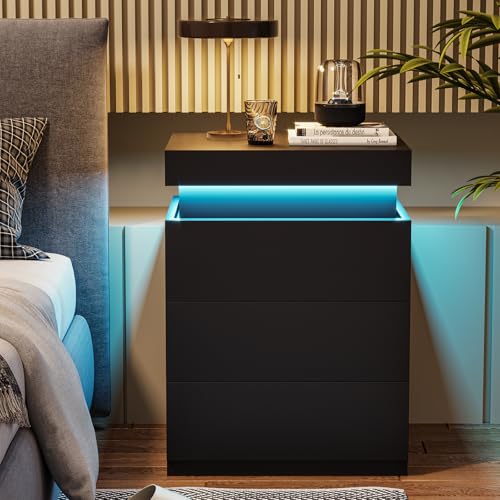 ADORNEVE Nightstand with Charging Station and LED Lights,Night Stand with Sliding Top,Bedside Table...