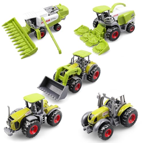 VYKOBLO 5 Pack Diecast Farm Tractor Toys - Mini Farm Vehicle Set with Harvester and Trucks - Alloy with Plastic Parts Tractors - Christmas Birthday Gifts & Party Favors (Light Green)