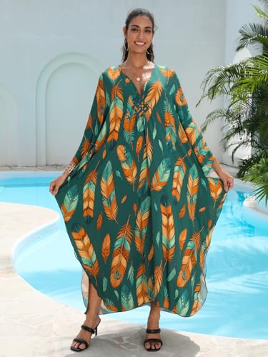 Image of IMAGEKOPE Women's Plus Size Animal Print V-Neck Batwing Kaftan Beach Dress Bathing Suit Cover-Up Loungewear