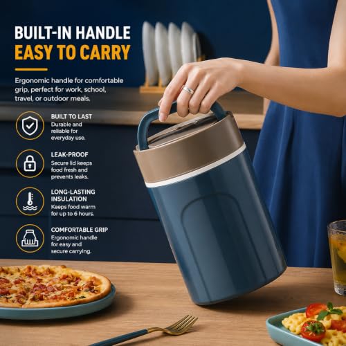 Image of YELONA 3 Layer Vacuum Insulated Lunch Box with SUS316 Stainless Steel Containers 1400 ML | Leak-Proof Food Storage Tiffin | Thermal Hot Food Lunch Box for Office, School & Travel - Blue