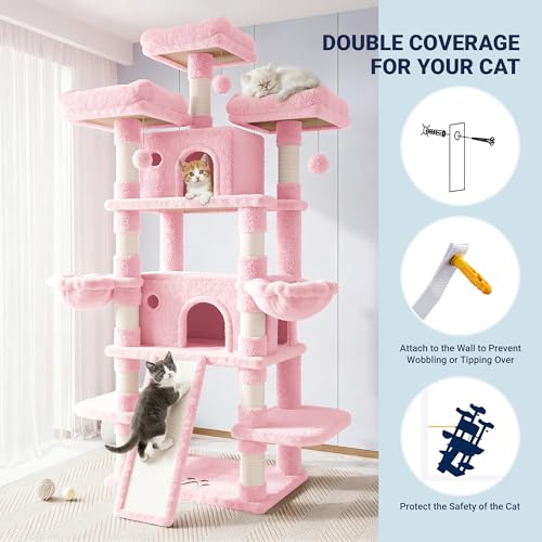 Image of Allewie 82 Inches Large Cat Tree /House /XXL Tall Cat Towers for Big Feline /Scratching Post /Multi-Level Large Kitty Climbing Tree with Condo /Pink