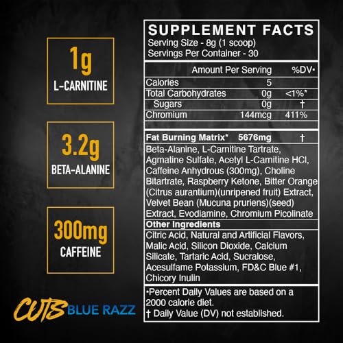 Image of BLACKMARKET CUTS Pre Workout - Flavored Energy Powdered Drink Mix for Men & Women, Great for Muscle Definition, Thermogenic, Creatine Free, (Blue Razz, 30 Servings)