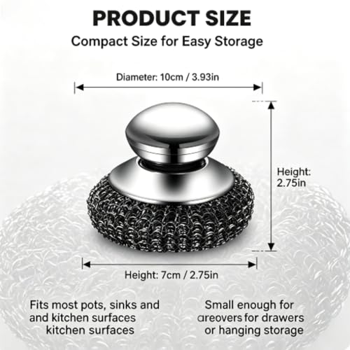 Image of Steel Wool Scrubber with Stainless Steel Handle for Cast Iron(3pcs) | Scouring Scrubber, For Pots and Pans, Grill and Stove Use, Sink Cleaning, 1 Piece