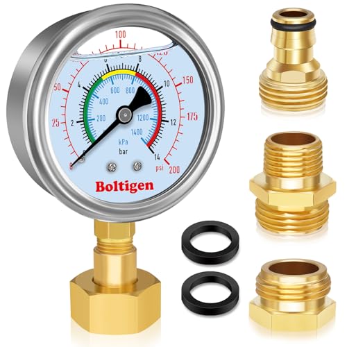 Water Pressure Gauge, 0-200 Psi Pressure Gauge Filled with Oil, 3/4