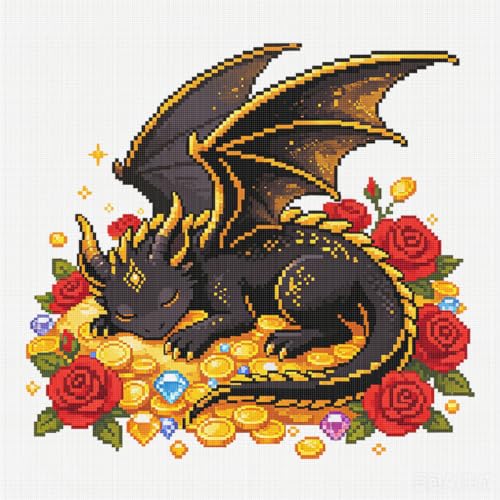 Generic Treasure Black Dragon 14CT DIY Stitch Kit 2 Strands 11.81x11.81in | Dragon stitch kit for beginners: 14CT, 2-strand, sta
