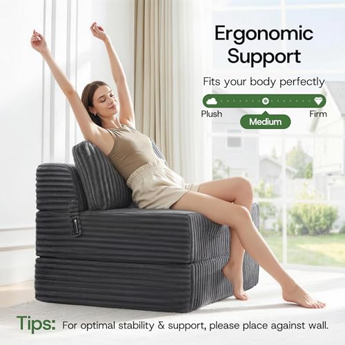 Image of Convertible 4-in-1 Folding Sofa Bed Boneless Sleeper Chair Couch Foldable Chaise Lounger & Mattress Pocket Coils+Foam Medium Support, Portable No Assembly for Living Room /Bedroom, Twin XL