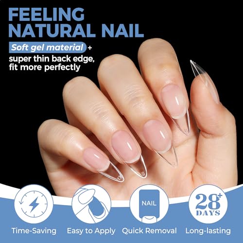 Image of UNA GELLA Medium Stiletto Gel Nail Tips Full Cover 216Pcs Almond Shape Nails Tips Stiletto Pre etched Soft Gel Nails Clear Fake False Nail Tip For Home Art Salon 12 Sizes