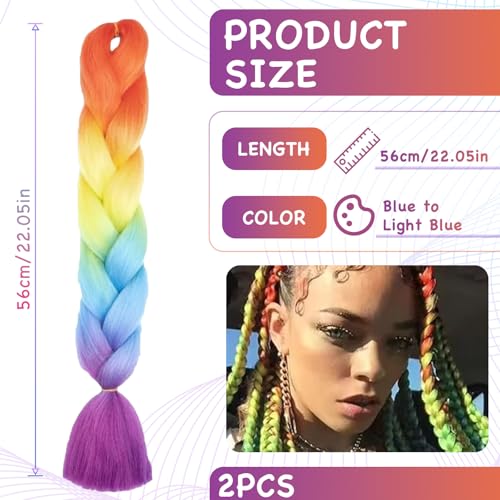 Leogony 2PCS 4 Tone Hair Extensions for Braiding Fake Braids Hair, Orange Yellow Blue Fuchsia Coloured Synthetic Wig - Image 3