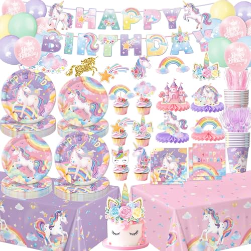 NKPDAXM Unicorn Birthday Decorations - Plates, Napkins, Cups, Cutlery, Hanging Swirls, Banner,...