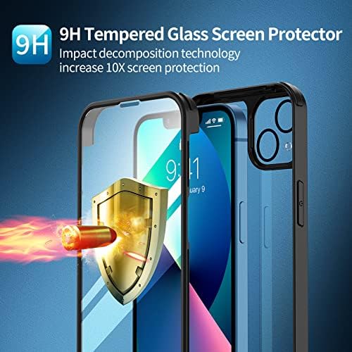 seacosmo iPhone 13 Case 6.1 Inch, Full-Body Shockproof Case with Built-in Glass Screen Protector and Camera Lens Protector Rubber Bumper Case Cover for iPhone 13 2021- Black/Clear