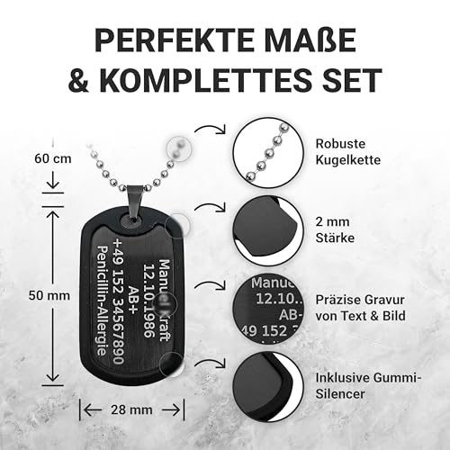 Dog Tag Personalisiert – Erkennungsmarke Edelstahl – Schwarz Kette Mit Namen – Gravur – Personalisierte Kette Herren – Militär Geschenke – 2 Mm Dick – Gravur – Set Mit Clip Und Gummi-Silencer